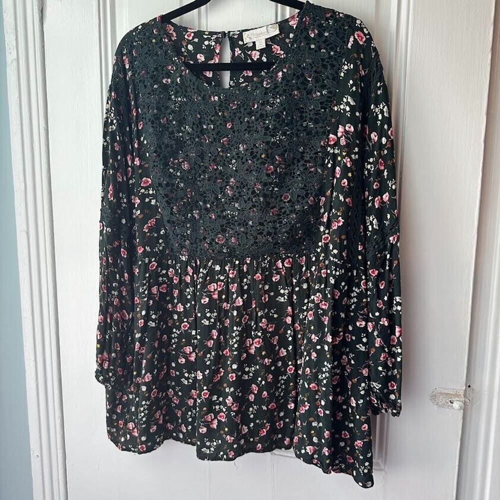 Weekend Suzanne Betro Blouse Womens 3X Dark Green Floral Crochet Boho Cottage